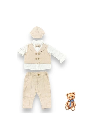 Erkek Bebek Papyon Şapka Gömlek Pantolonlu Pamuklu Şık Takım-14693 Bej