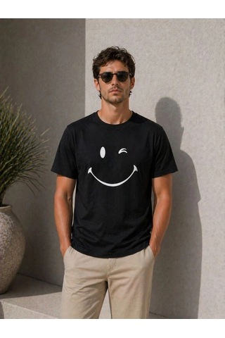 Freedom Store Erkek Minimal Gülümseyen Yüz Baskılı Tişört Kısa Kol Yazlık T-shirt - Siyah