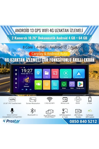 Kayıtlı 2 Kameralı Android 13 Wıfı Gps 4g Uzaktan İzlemeli 4 Gb + 64 Gb Carplay 512 Gb Destekli Tak Kullan Kamera Seti