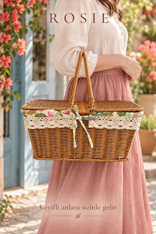 Rosıe Çiçek Desen Kumaşlı Dikdörtgen Piknik Sepeti 38 Cm Karışık