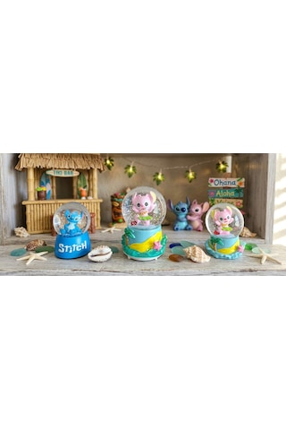 9cm-6cm Işıklı Pembe Ve Mavi Renk Ve Sarı Altlık 11cm X7 Cm Pilli Pembe Işıklı Hediyelik-dekoratif 3 Lü Stitch Kar Küresi 1
