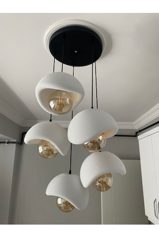 Modern 5'li Avize Beton Dokulu - Salon Ve Oturma Odası İçin Şık Tasarım Rustik Ampul Hediyeli Siyah