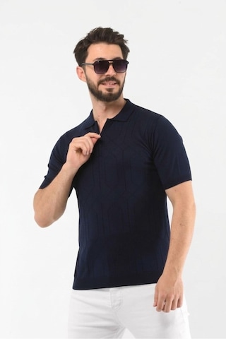 Onno Pamuklu Fermuarlı Desenli Triko Tshirt Lacivert