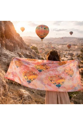 Hancappadocıacollectıon Kapadokya Balon Desenli %100 Pamuk Şal Açık Pembe