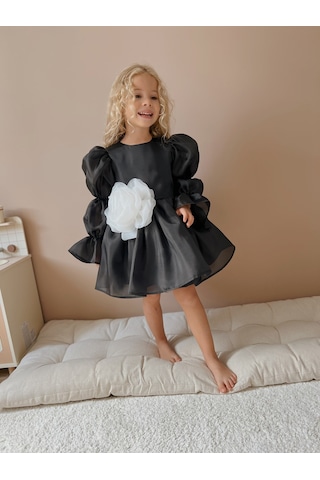 Linola Baby Kids Rose Siyah Şifon Kız Çocuk Parti Elbisesi Siyah
