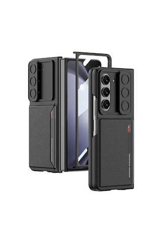 Galaxy Z Fold 5 Suni Deri Arka Yüzey Sürgülü Kamera Korumalı Kartlıklı Kıpta Silikon Kapak