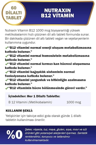 Nutraxin B12 Vitamini 1000 Mcg - Dil Altı Tableti - Hızlı Emilim