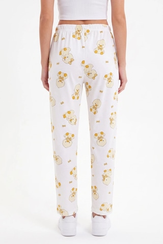 Cemo Sarı Kedi Ve Fiyonk Baskılı Beli Lastikli Bağcıklı Pijama Altı Ekru