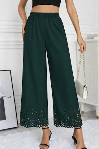 Efnaz Style Kadın Yüksel Bel Beli Lastıklı Çiçek Desenli Lazer Kesım Detaylı Ithal Krep Pantolon Yeşil