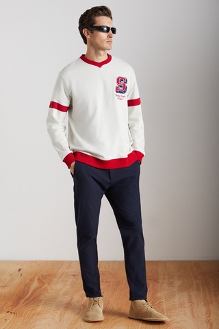 Grimelange Reynon Erkek V Yakalı Aplikeli Organik Pamuklu Içi Polarlı Yumuşacık V Yaka Taş Rengi Sweatshirt