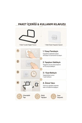 Yapışkanlı Tuvalet Kağıdı Tutucu Siyah Metal- Delmeden Kullanım - Banyo Wc Kağıtlık Diğer