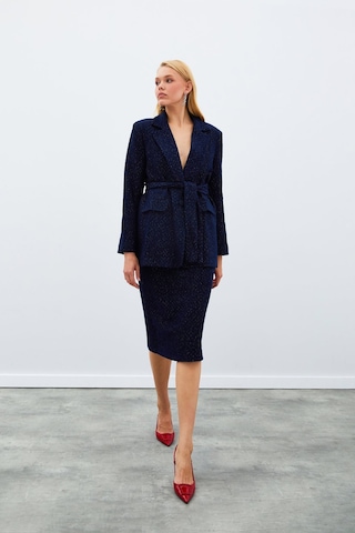 Sateen Kuşaklı Tüvit Ceket - Lacivert-135019 Lacivert
