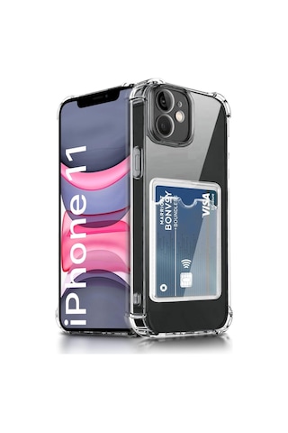 Teknomoda Apple Uyumlu iPhone 11 Kılıf Kartlıklı Anti Şok Korumalı Şeffaf Silikon Şeffaf Açık Şeffaf