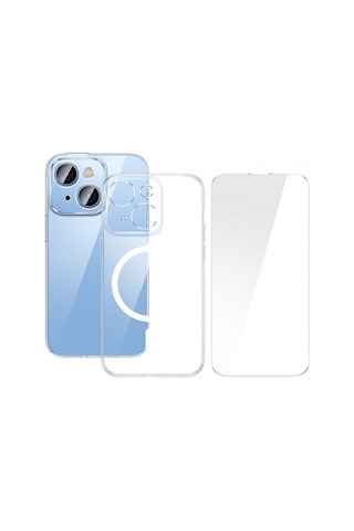 More TR Baseus Crystal Apple Uyumlu iPhone 14 Plus 6.7 Magsafe Silikon Kılıf + Tempered Ekran Koruyucu Set