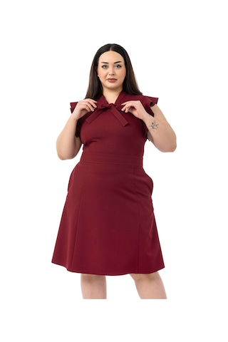 Büyük Beden Yakası Fularlı Kolları Volanlı Midi Bordo Elbise Bordo