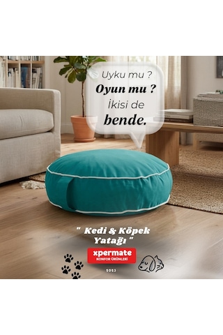 Xpermate Fermuarlı Kedi ve Köpek Minderi Yuvarlak Kedi Minderi Yıkanabilir Kedi Köpek Yatağı Turkuaz
