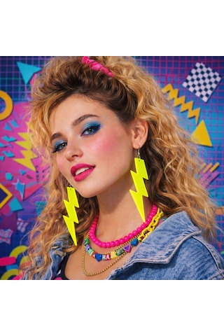 80 Ler 9039lar Retro Neon Sarı Şimşek Küpe 10 Cm "