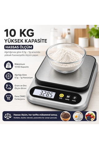 10 Kg Dijital Hassas Mutfak Tartısı - Lcd Ekranlı, Paslanmaz Çelik Tartım Yüzeyi, Dara Tare Fonksiyonlu, Gram & Ons Ölçüm, 2x Aaa Pilli Açık Gri