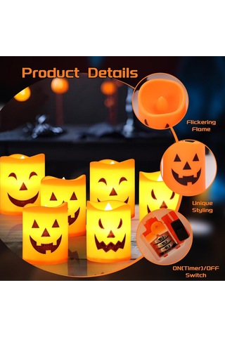 Cadılar Bayramı Led Mumları, Pilli 6 Adet Cadılar Bayramı Balkabağı Mumu, Cadılar Bayramı Partisi, Masa Dekorasyonu Çok Renkli