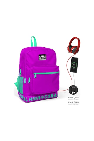 Coral High Nakış Logolu Usb Şarjlı Kulaklık Çıkışlı Koyu Pembe Sırt Çantası