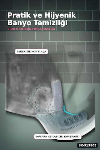 Sopali Tasarim Silikon Klozet Fircasi 41 Cm Aski Kancali Banyo Temizlik Seti Bx-313808 000 Açık Krem