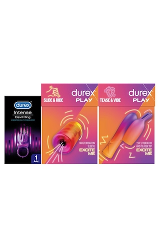 Durex 2'si 1 Arada Vibratör Ve Uyarıcı Başlık + Durex Manuel Mastürbatör+Devil Ring Titreşimli Halka