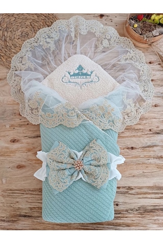 Yenidoğan Kuzulu Taç Nakış Güpürlü Fiyonklu Duvaklı Prizma Taş Unisex Kundak Bebek Battaniyesi Su Yeşili Çok Renkli