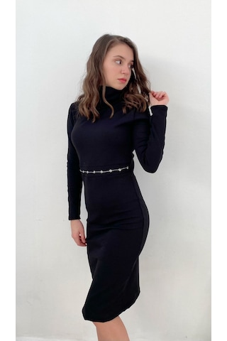 Mois Atelier Siyah Örme Kuşgözü Detaylı Boğazlı Dar Elbise Büyük Beden