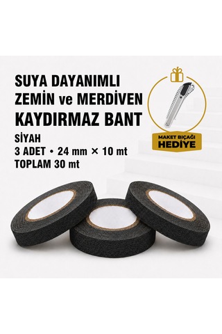 Suya Dayanımlı Siyah Kaydırmaz Bant 24 Mm X 10 Mt 3 Lü Set Maket Bıçağı Hediyeli