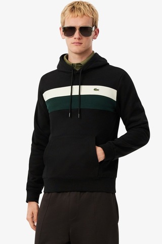 Lacoste Men's Classic Fit Colour-block Fleece Hoodie Organik Pamuk Renk Bloklu Kapüşonlu Yaka Sweatshirt Siyah