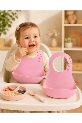Silikon Mama Önlüğü Su Geçirmez Ayarlanabilir Bebek Önlüğü Bpa İçermeyen Geniş Cepli Beslenme Önlüğü Pembe