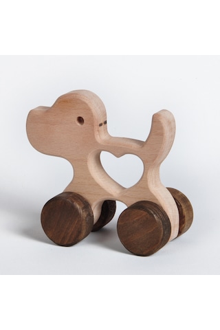 Ahşap El Yapımı Doğal Montessori Kalpli Köpek Tekerlekli Oyuncak