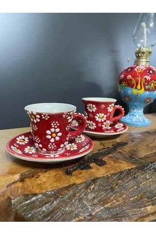 2 Adet Çini Desenli Kahve Fincanı Çini Lale Desenli Tabaklı Fincan Seti 4 Parça - Kırmızı Kirmızı