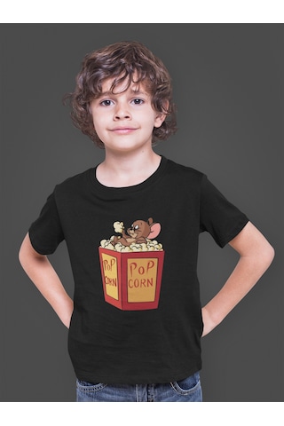 Bumeta Tom And Jerry Pop Corn Kedi Çizgi Film Çocuk Tişört T-shirt Siyah