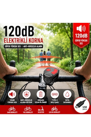 Triline 120 Db Usb Şarjlı Bisiklet Kornası Alarm Zili Anti Hırsızlık Elektrikli Korna Scooter Siyah
