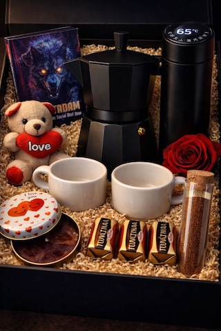 Moka Pot Hediye Seti 3 Cup , Dijital Termoslu , Özel Espresso Ve 2'li Fincan Konsept Kahve Hediye Seti Siyah