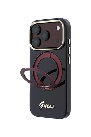 Apple iPhone Uyumlu 18 Pro Kılıf Guess Lisanslı M-safeli Dönebilen Standlı Metal Yazı Logolu Silikon Kapak Bordo