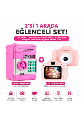 Çocuk Fotoğraf Makinesi + Şifreli Kumbara Seti Eğitici Oyuncak  Kamera Ve Para Kasası