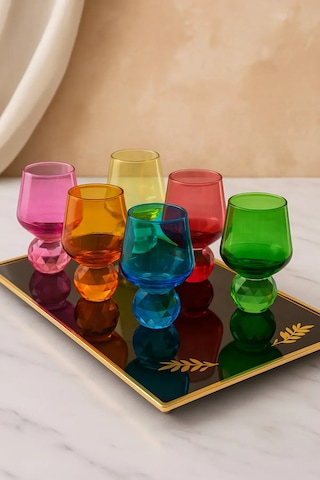 6 Kişilik Cam Elmas Ayaklı Renkli Kahve Yanı Bardağı Bardak 50ml Çok Renkli