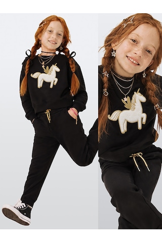 Deno Kids Denokids Kız Çocuk Peluş Unicorn %100 Panuk Kalın Siyah Eşofman Takım Eğlenceli Tasarım 3-8 Yaş Çok Renkli