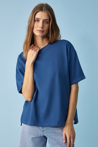 Grımelange Jemmy Kadın %100 Organik Pamuk Relaxed Fit Yırtmaçlı Yuvarlak Yakalı Lacivert T-shirt Lacivert