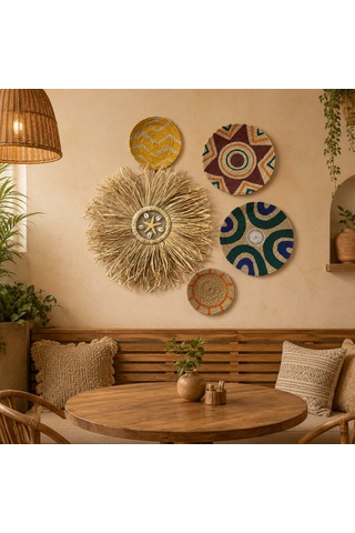 Momiko 5li Bohem El Yapımı Hasır Duvar Tabağı Seti - Etnik Set Boho -