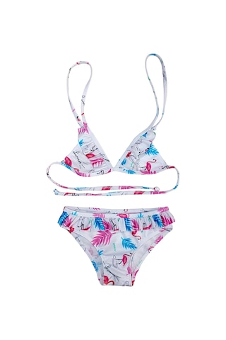 Lolliboomkids Kzı Çocuk Fırfır Detaylı Üçgen Bağlamalı Summer Flamingo Bikini Takımı Beyaz Flamingo Beyaz
