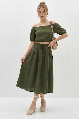 Shade Kadın Balon Kollu Crop Bluz Bağlama Detaylı Pamuklu Müslin Etek Takım Yc2728 60286287 - Yeşil