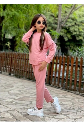 Modavals Tüy Detay Kollu Kız Çocuk Eşofman Takımı - Pembe