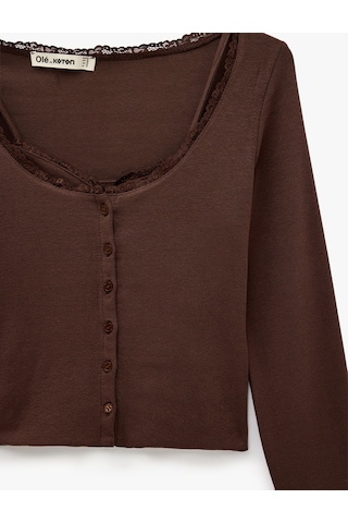 Koton Modal Karışımlı Dantel Detaylı Slim Fit Kısa Kollu U Yaka Hırka Kahverengi 6sal90025ık Kahve