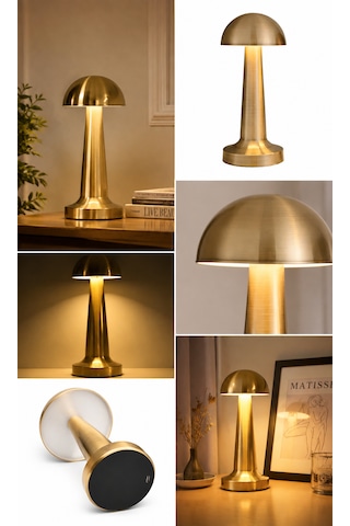 Şarjlı Mantar Lamba Dokunmatik 3 Renk Modlu Kablosuz Gece Lambası Masaüstü Abajur Renkli Gold
