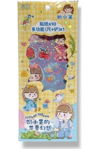 Kawaii Sevimli Karakter Çiçekli Sticker Seti, 10 Yapışkanlı Etiket, Cetvel Çok Renkli