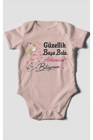 Morivokids Güzellik Başa Bela Ablamdan Biliyorum Kısa Kollu Bebek Body %100 Pamuk Pastel Pembe