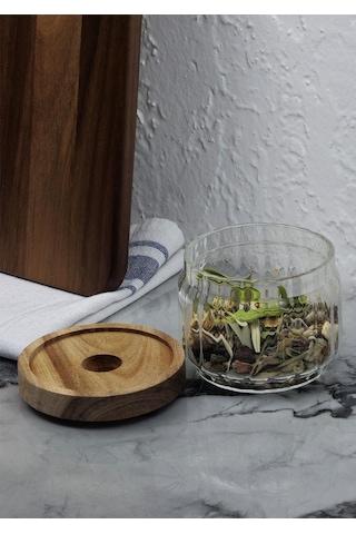 Timber Cam Kavanoz - Çizgili Saklama Kavanozu - Ahşap Kapaklı, 300 Ml